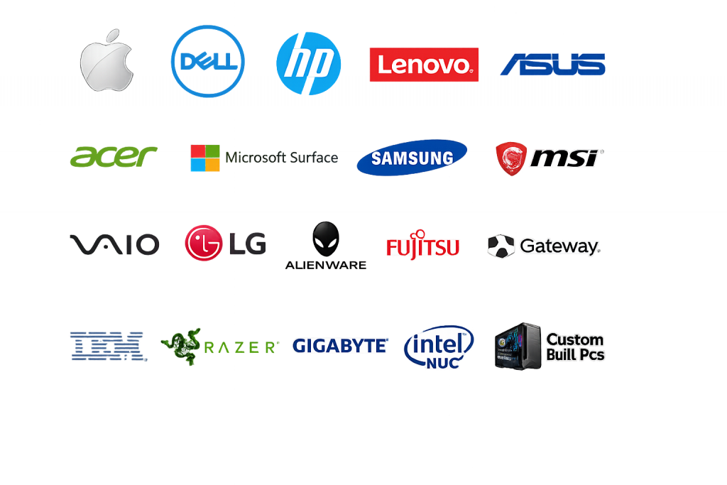 Supported computer brands including Apple, Dell, HP, Lenovo, ASUS, Acer, Microsoft Surface, Samsung, MSI, LG, Sony VAIO, Alienware, Fujitsu, Gateway, IBM, Razer, Gigabyte, Intel NUC, and custom-built PCs
